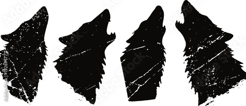 black howling wolf silhouettes with distressed texture set animal wild nature icons and wildlife design elements