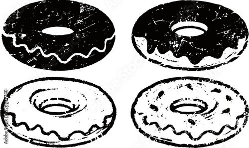 Donuts with icing and wavy decoration four vintage black and white sweet pastry illustrations