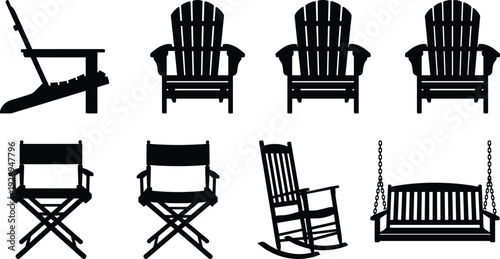  Collection of eight black silhouette chair designs including Adirondack chairs, director chairs, rocking chair, and porch swing in simple outdoor furniture vector illustration