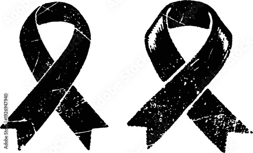 Grunge black awareness ribbons set symbol of mourning, support and remembrance rough textured design for causes and solidarity