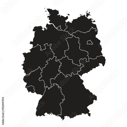 Black silhouette map of Germany showing state borders