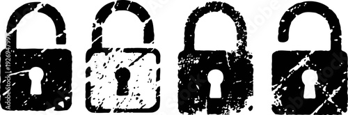 Grunge padlock icons set with locked and unlocked states security, protection, privacy symbol collection