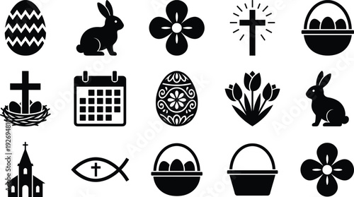 Collection of sixteen black and white icons representing Easter and Christian symbols including eggs, rabbits, crosses, flowers, baskets, church, and religious designs