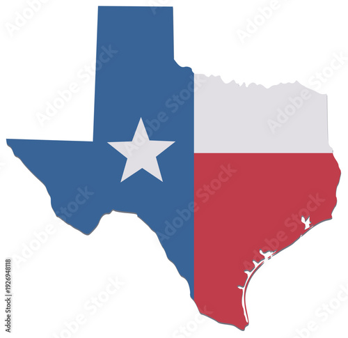 Iconic silhouette of Texas map integrated with the official state flag colors and lone star, representing Southern heritage, patriotism and regional freedom (cut out)