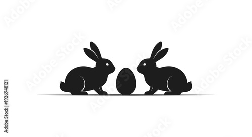 Two black silhouette rabbits face each other across a single central egg symbolizing animal pairing.