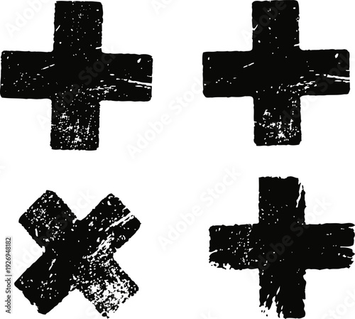 Grunge crosses set with rough texture distressed plus signs and x marks hand drawn ink symbols for design