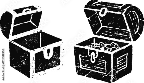 Two open treasure chests, one empty and one filled with gems and coins, vintage black ink drawing
