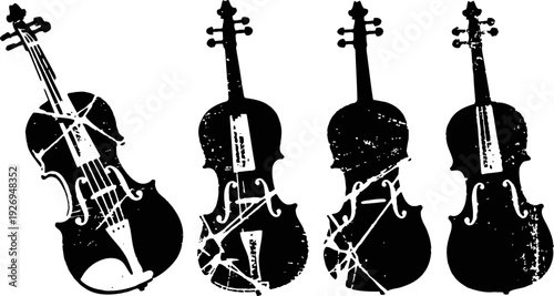 Distressed vintage violin silhouettes with worn texture isolated on white background