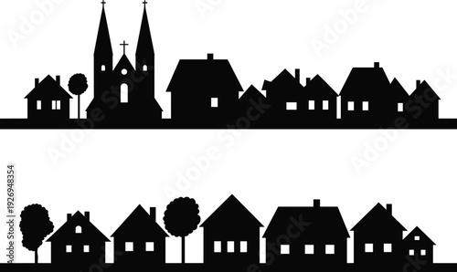 Small town and village silhouette collection featuring suburban houses, church steeples, and residential buildings for community and neighborhood landscape isolated on white