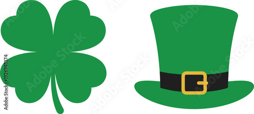 Green four-leaf clover and leprechaun top hat with buckle illustration symbolizing Irish culture, good luck, and festive St. Patrick’s Day celebration design