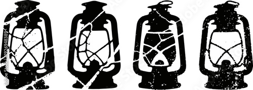 set of four vintage oil lantern silhouettes in black and white isolated on white background