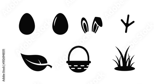 Set of black silhouette icons representing essential elements for an Easter egg hunt activity.