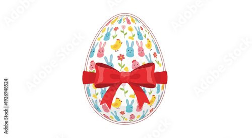 Decorated Easter egg featuring small yellow chicks and blue bunny shapes tied with a large red ribbon bow.
