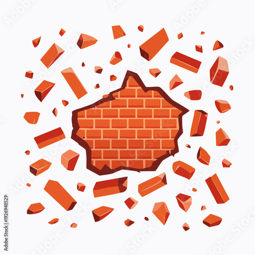 Dynamic illustration of a red brick wall dramatically shattering, with flying fragments creating a powerful sense of demolition and structural impact