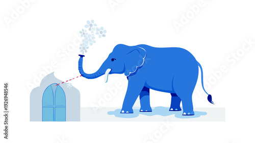A large blue elephant using its trunk to carefully spray water and clean the marble courtyard of a mosque.