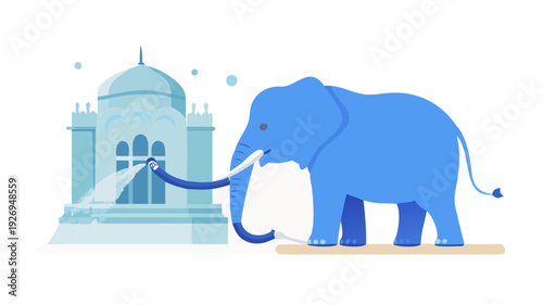 A large blue elephant using its trunk to carefully spray water and clean the marble courtyard of a mosque.