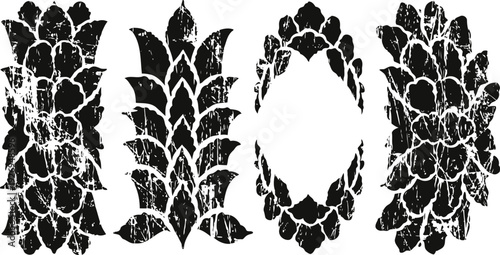 black and white pineapple fruit silhouettes in various styles and artistic textures