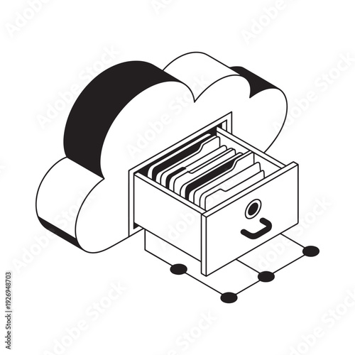 Black and white illustration of a cloud connected to a filing cabinet