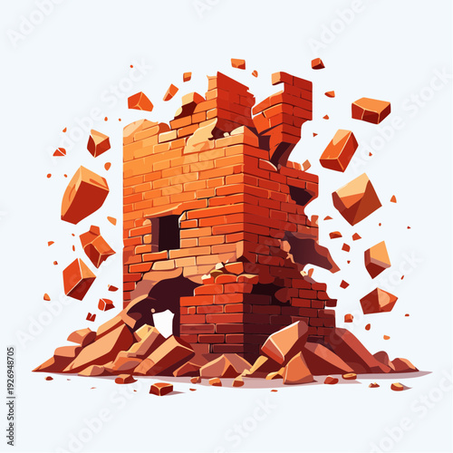 An isolated vector illustration of a crumbling brick wall exploding into rubble