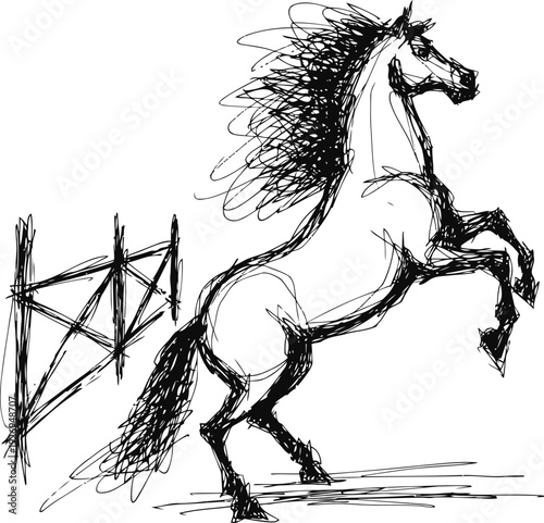 black ink sketch of a horse rearing near a rustic wooden fence dynamic animal drawing with wild mane and tail motion