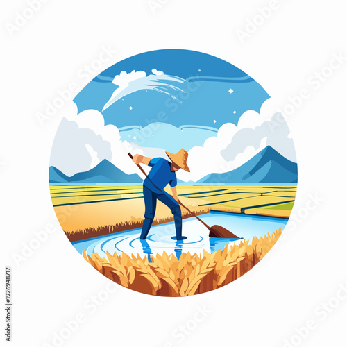 Serene illustration of a traditional farmer working in a beautiful rice paddy field