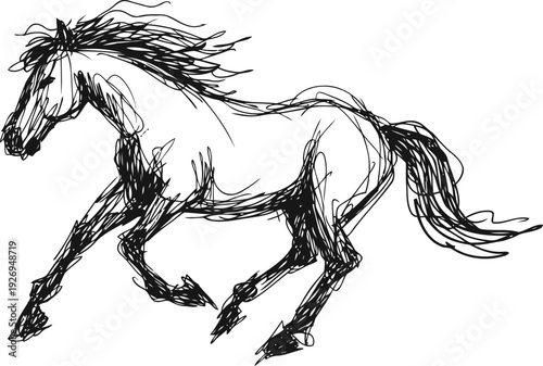 Dynamic sketch of a galloping horse with flowing mane and tail in black ink
