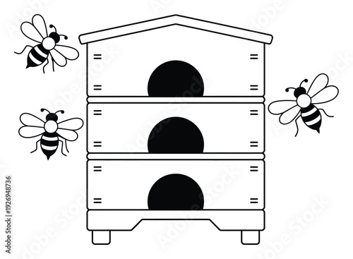 Beekeeping Hive with Bees Vector Illustration