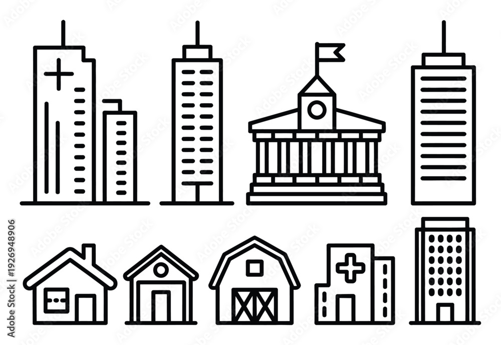 Obraz premium Building Icon Set Simple Line Vector Illustration