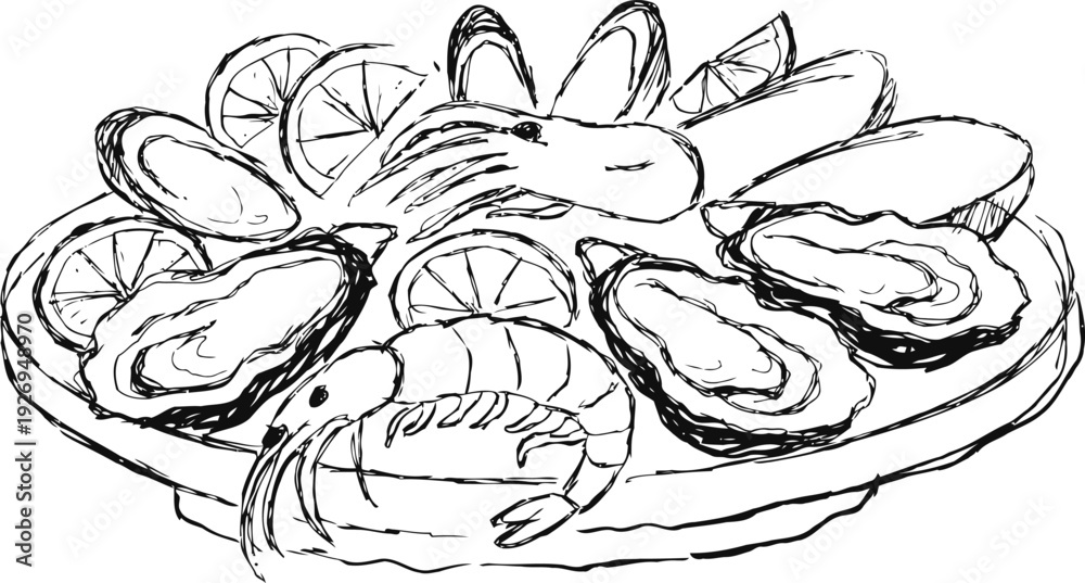 Fototapeta premium Seafood platter with shrimp, oysters, lemon slices on a round serving plate sketch illustration