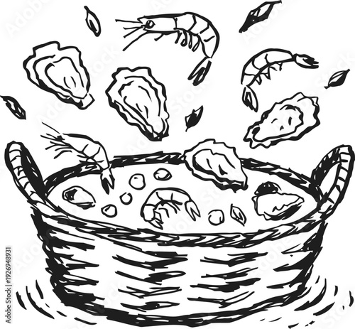 Basket of seafood stew with oysters and shrimp splashing out, hand drawn black and white illustration