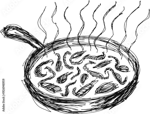 Sketched hot frying pan with steaming cooked vegetables and herbs, rustic hand drawn kitchen food illustration