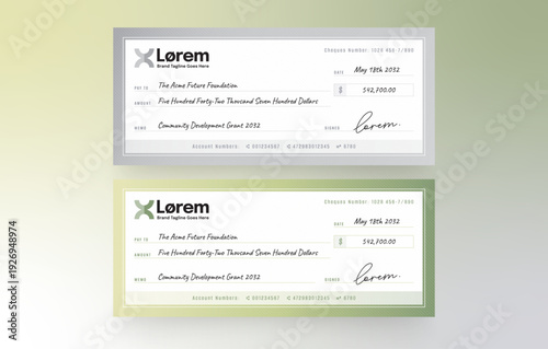 Blank Bank Check Check / Cheque Payment Slip Template for Business Banking & Charity Donation Checks