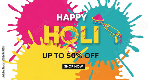 Vibrant holi festival discount offer with colorful paint splatters and shopping incentive