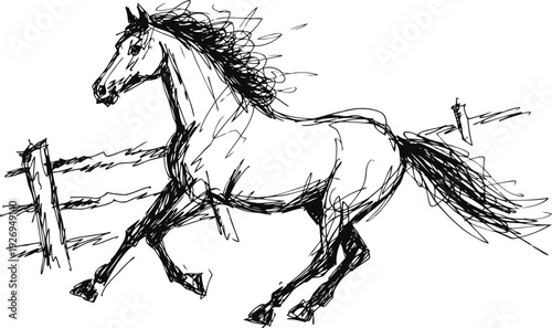 Sketch of a running horse with flowing mane and tail near a rustic fence in dynamic motion