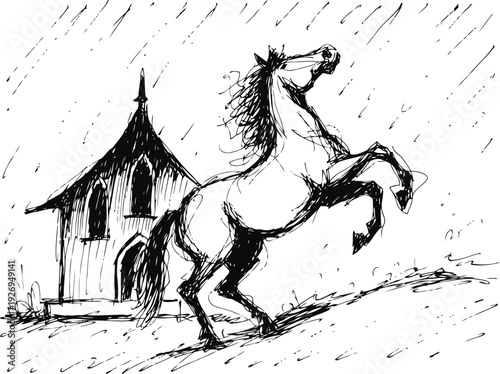 Rearing horse sketch with cabin background in ink drawing