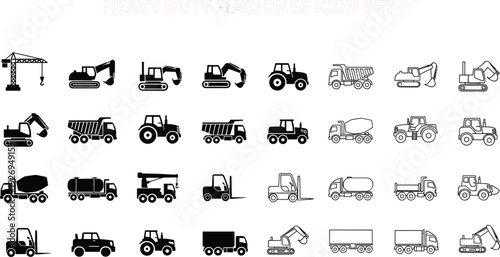Heavy Duty Machines Icon Set Vector Collection Featuring Construction Equipment Excavator Dump Truck Crane Tractor and Industrial Vehicles