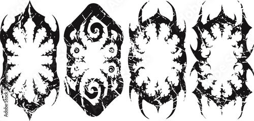 Set of four tribal tattoo designs with abstract black ornamental shapes on white background