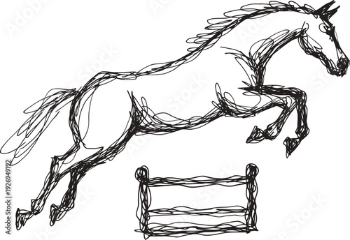 Sketch of a horse jumping over a hurdle, hand drawn line art illustration of equestrian sport