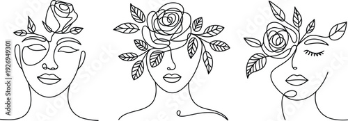 Minimalist line art of female faces adorned with roses and leaves, symbolizing beauty, nature, harmony, and modern abstract artistic design concepts