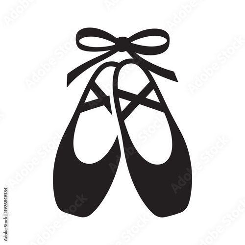 A pair of black ballet pointe shoes with ribbons shown in silhouette