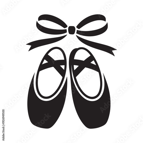 Black and white illustration of ballet shoes with a decorative bow