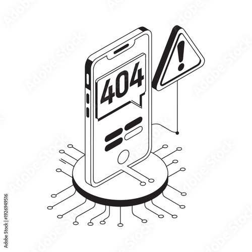 Isometric illustration depicting a 404 error message on a smartphone screen