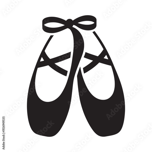 Black ballet shoes with ribbons displayed in a simple graphic style