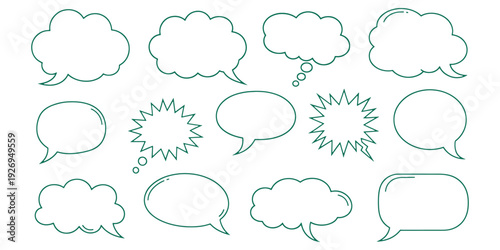 Vector set of green outline speech bubbles, collection of minimalist green chat balloons and comic thought clouds for eco-friendly communication design.