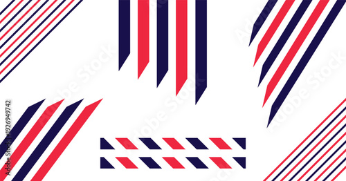 Abstract geometric background with navy blue and red diagonal shapes and stripes on a white background.