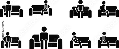 Set of human silhouettes showing diverse sitting postures on a couch, illustrating variations in body language, ergonomics, and seating positions for design projects