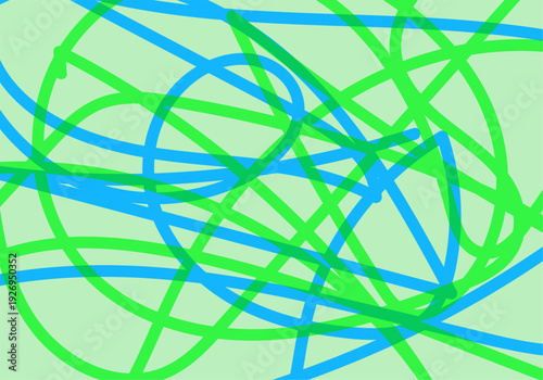 Garabato abstracto de líneas enredadas en colores verde y azul sobre fondo claro