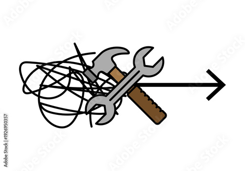 Herramientas de martillo y llave sobre un enredo de líneas con una flecha de dirección