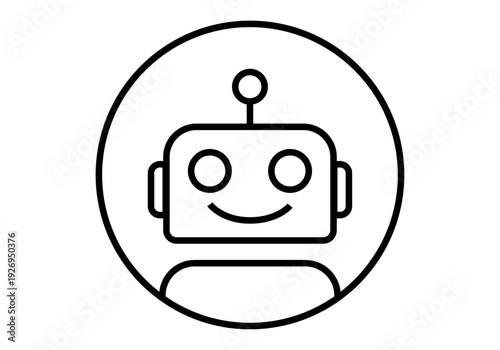 Icono de robot sonriente con antena dentro de un círculo con líneas negras sobre fondo blanco
