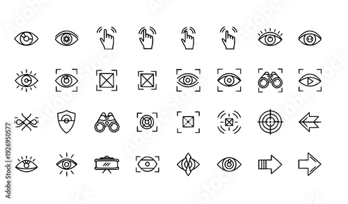 Outline vision icons pack with eye tracking and perspective symbols vector set